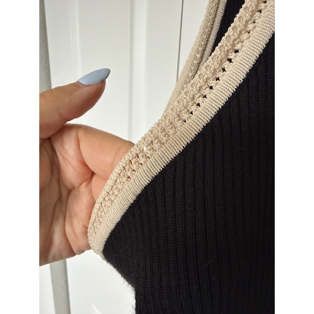 Caroline Constas Black Ribbed Knit Midi Dress Cream Crochet Trim Racerback Med - Picture 4 of 6